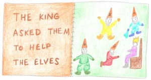 Oak Meadow Student illustration of elves from Waldorf Main Lesson Book