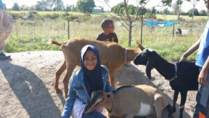 Oak Meadow students playing with goats