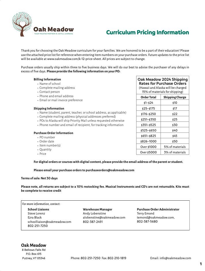 oak meadow price sheet updated february 2024